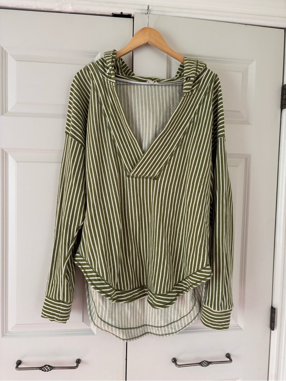 Pilcro Olive Green and White Striped Hooded V-Neck Top